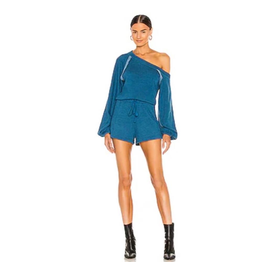 Lovers + Friends Off Shoulder :Long Sleeve Cozy Romper in Teal Blue Size XL